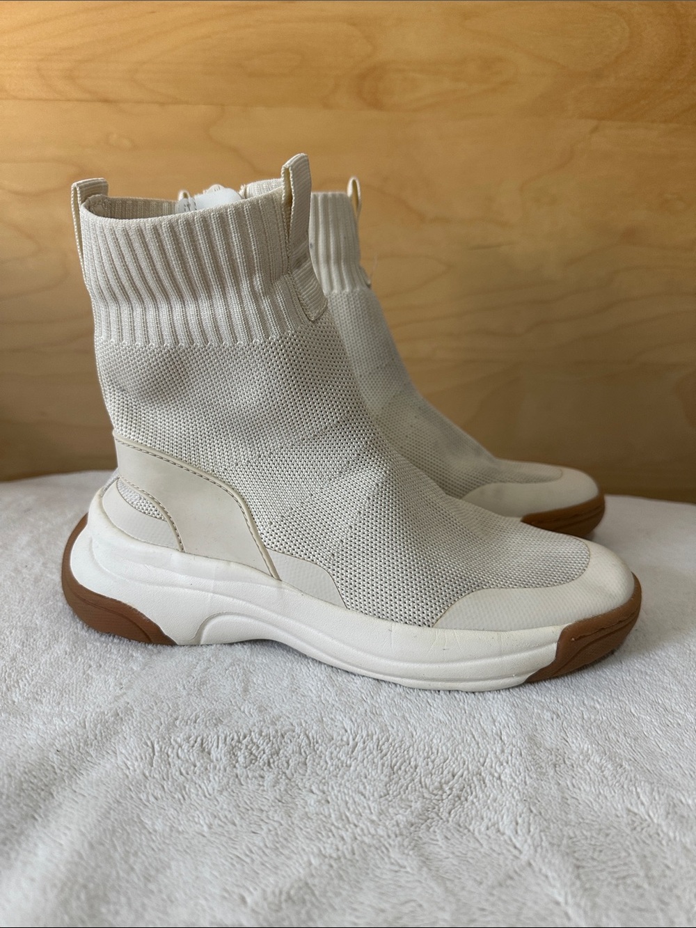 Zara Cream Knit Sock Sneakers with Brown Sole Accents